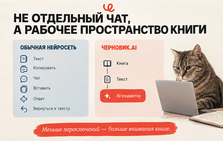 AI-редактор Черновик.Ai встроен в рабочее пространство книги, а не живёт в отдельном чате, которому каждый раз нужно заново объяснять контекст