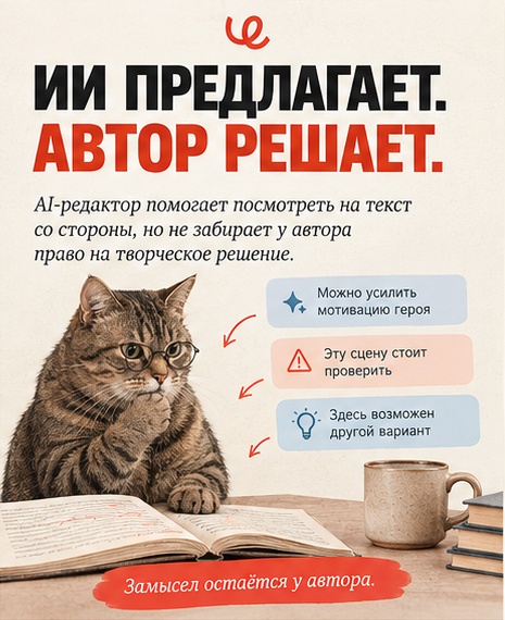 Принцип работы: ИИ предлагает вариант — автор принимает решение; ИИ замечает проблему — автор решает, была ли она намеренной