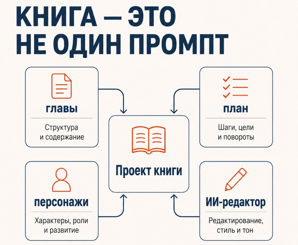 Книга — это не один промпт: главы, план, персонажи и ИИ-редактор объединены в одном проекте книги