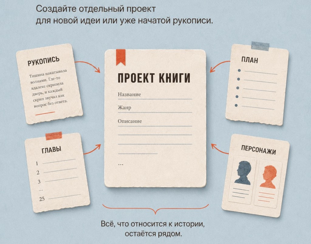 Создайте отдельный проект для новой идеи или уже начатой рукописи: рукопись, главы, план и персонажи собраны вокруг проекта книги