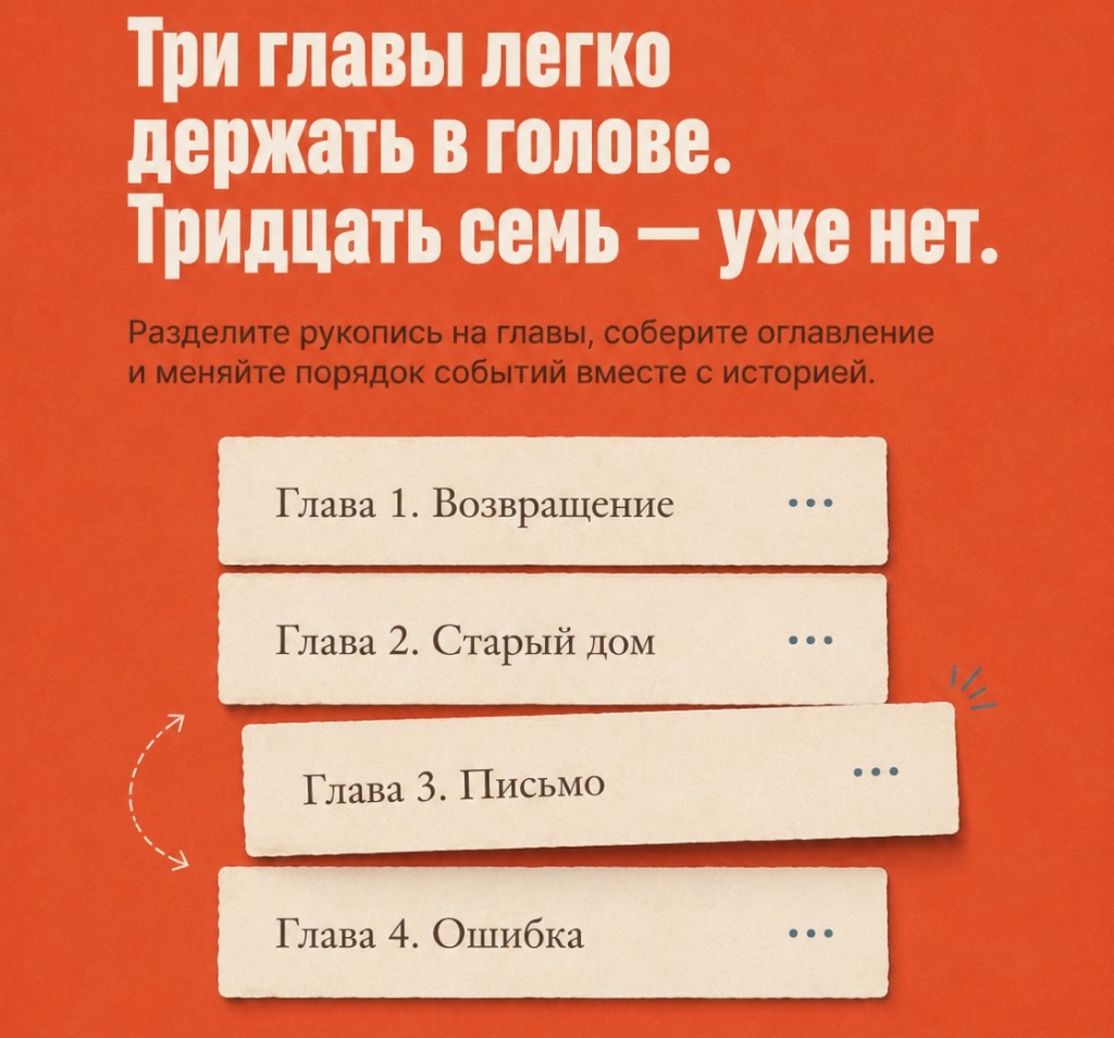Три главы легко держать в голове. Тридцать семь — уже нет. Разделите рукопись на главы, соберите оглавление и меняйте порядок событий вместе с историей