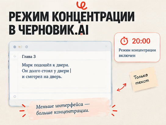 Режим концентрации в Черновик.Ai скрывает панели и кнопки и оставляет перед автором практически только текст и таймер