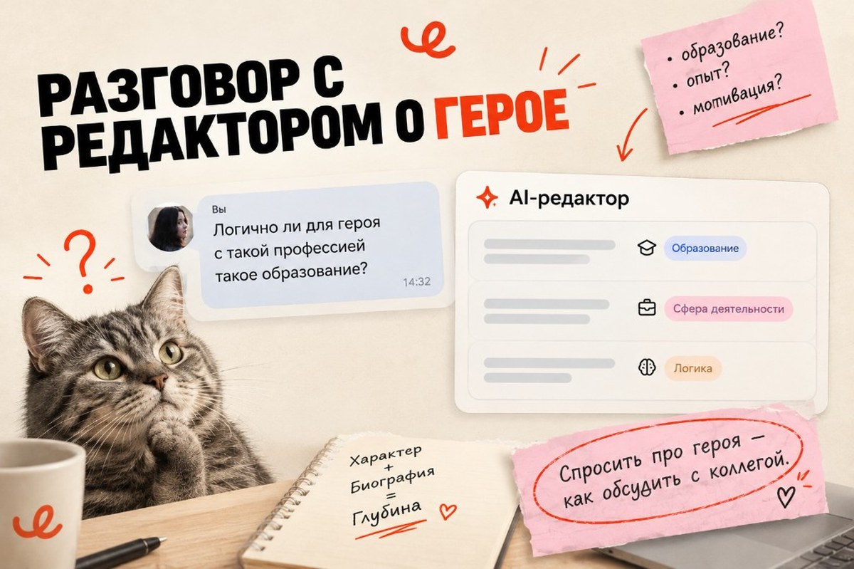 Разговор с редактором о герое: автор спрашивает AI-редактор Черновик.Ai, логично ли образование героя для его профессии