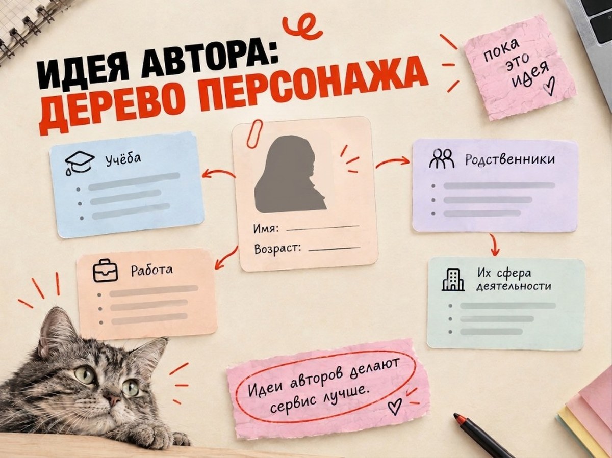 Идея автора: дерево персонажа с ответвлениями — учёба, работа, родственники и их сфера деятельности