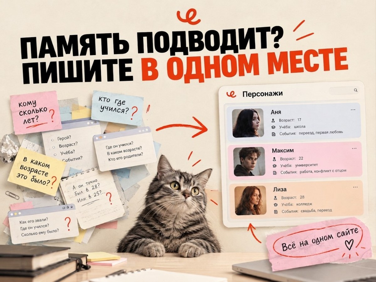 Память подводит? Пишите в одном месте: карточки персонажей в Черновик.Ai с возрастом, учёбой и событиями вместо разрозненных заметок
