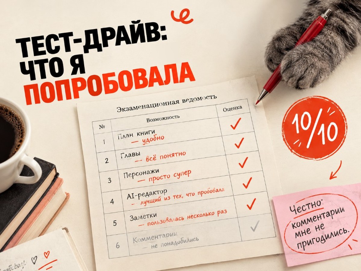 Тест-драйв: что я попробовала в Черновик.Ai — план книги, главы, персонажи, AI-редактор и заметки с оценкой 10/10