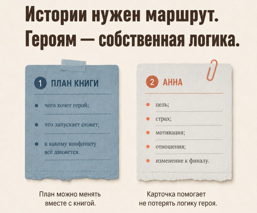 Истории нужен маршрут. Героям — собственная логика: план книги и карточка персонажа с целью, страхом, мотивацией и изменением к финалу
