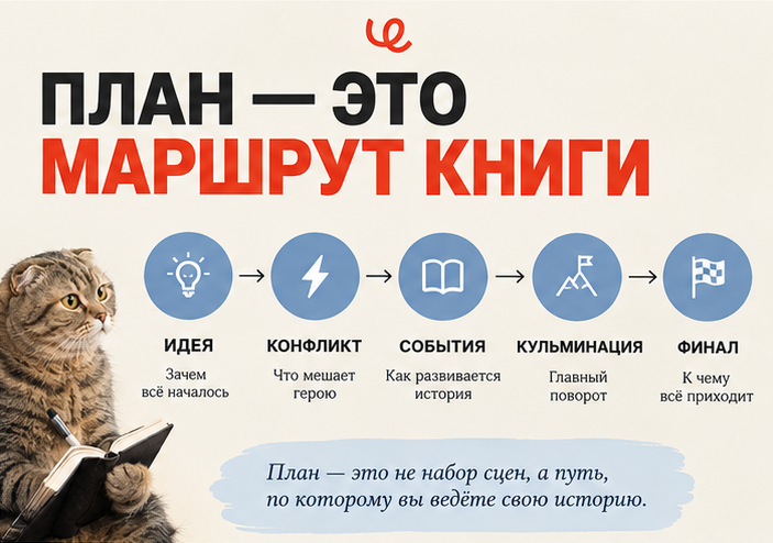 План книги — это маршрут: заранее намечены конечная точка и основные остановки, но по дороге всегда можно свернуть