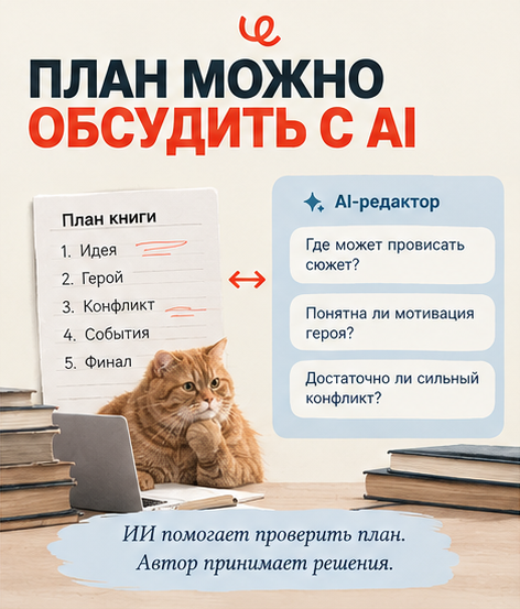 План книги в Черновик.Ai можно обсудить с AI-редактором: найти провисания сюжета, проверить мотивацию героя и вопросы читателя