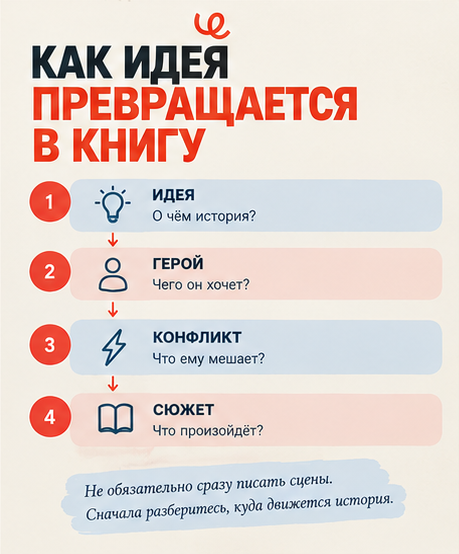 Как идея превращается в книгу: от короткой формулировки замысла к герою, конфликту и ключевым событиям