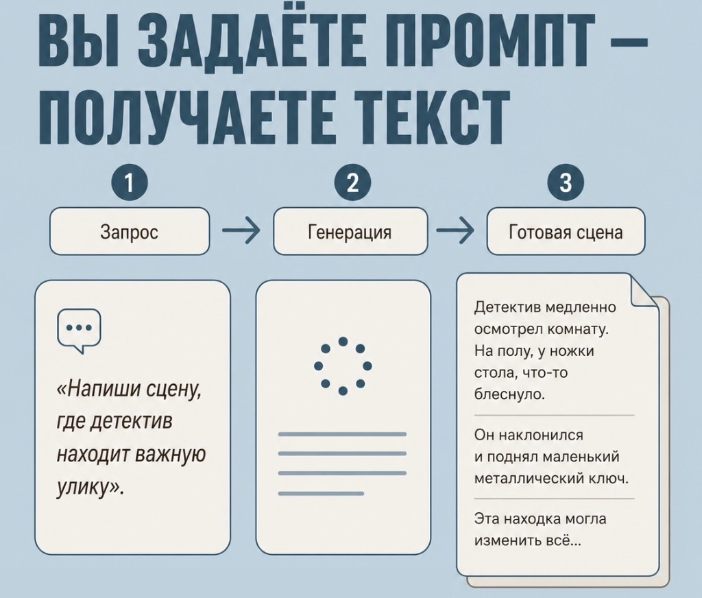 Вы задаёте промпт — получаете текст: запрос, генерация, готовая сцена