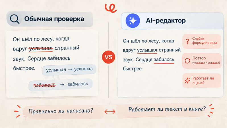 Обычная проверка подсвечивает орфографические и пунктуационные ошибки прямо в тексте; подсветку можно включить или отключить