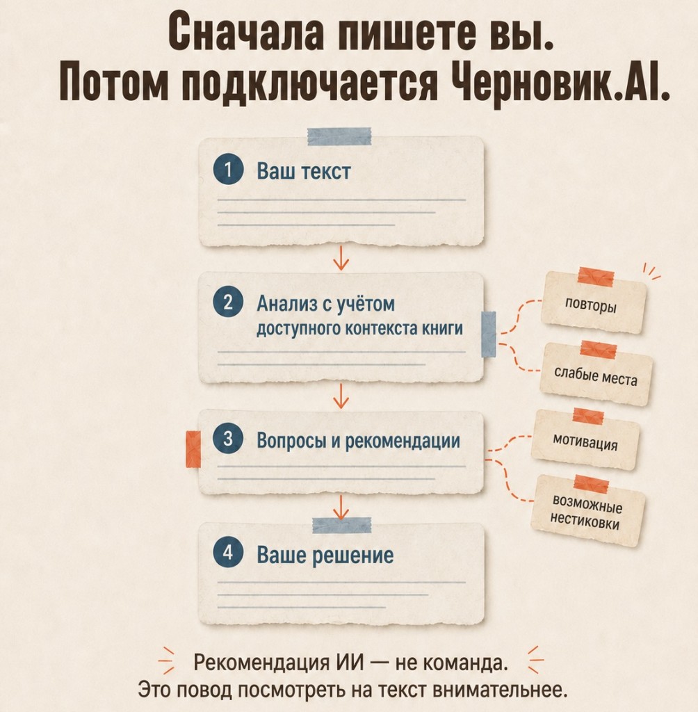 Сначала пишете вы. Потом подключается Черновик.Ai: ваш текст, анализ с учётом контекста книги, вопросы и рекомендации, ваше решение. Рекомендация ИИ — не команда, а повод посмотреть на текст внимательнее