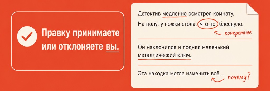 Правку принимаете или отклоняете вы: редактор подсказывает, где сказать точнее и где спросить «почему», но финальное решение остаётся за автором