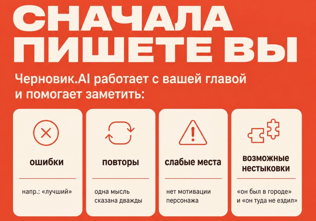 Сначала пишете вы: Черновик.Ai работает с вашей главой и помогает заметить ошибки, повторы, слабые места и возможные нестыковки, а правку принимаете или отклоняете вы