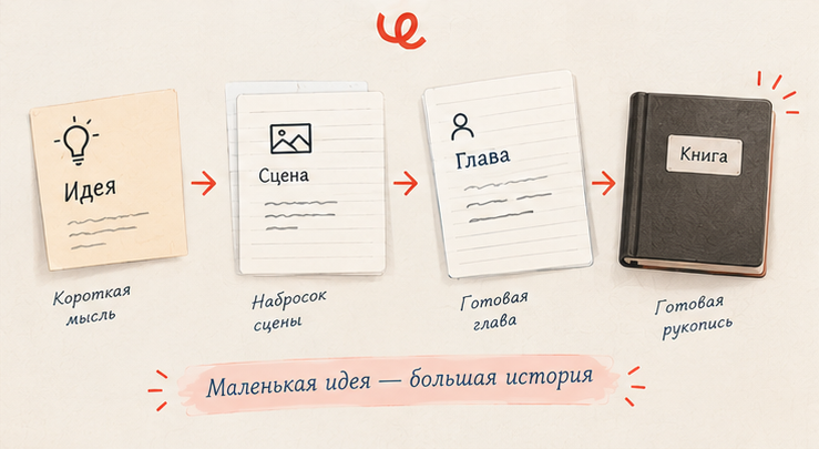 Путь от заметки до сцены: короткая запись постепенно обрастает деталями, связывается с персонажем и превращается в полноценный эпизод