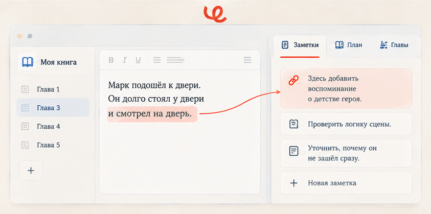 Отдельная вкладка «Заметки» в Черновик.Ai: записи привязаны к конкретной книге и хранятся внутри проекта